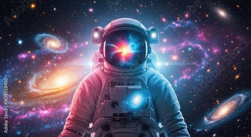 Astronaut exploring vibrant cosmic nebula and distant galaxies