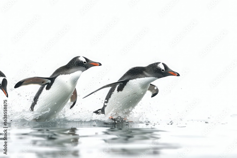 Fototapeta premium Penguins in mid-dive plunging into water with dynamic motion