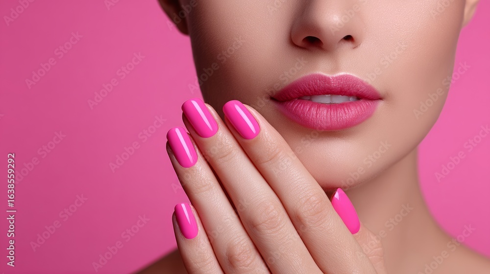 Fototapeta premium Woman with pink nails and lipstick. She is holding her hands together. The image has a pink background