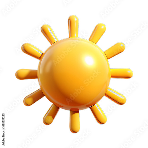 Bright Glossy Plastic 3D Sunshine Symbol with Circular Radiating Rays on Transparent Background