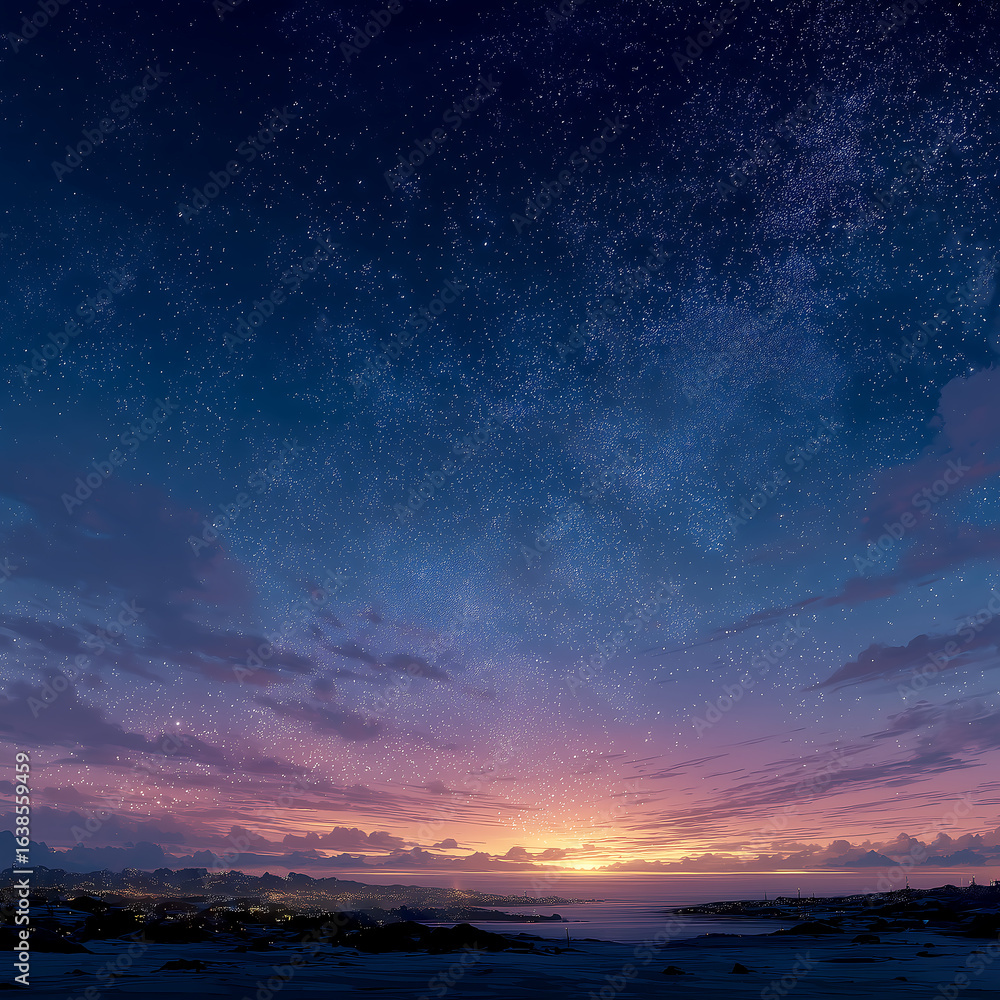 Fototapeta premium A breathtaking view of a starry night sky over a distant city at sunset, blending the beauty of nature with urban lights