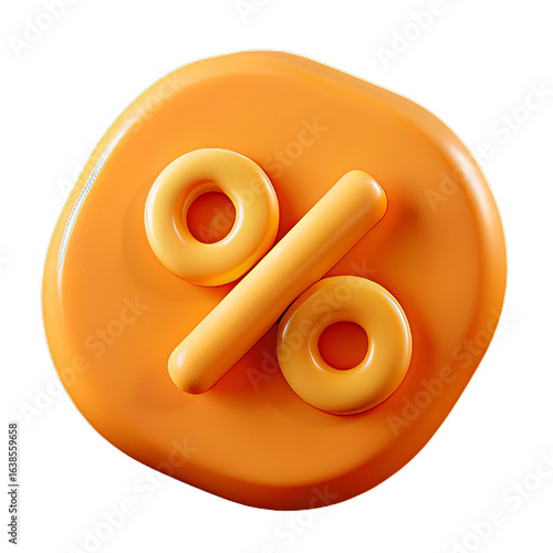 Orange Glossy Plastic 3D Percentage Icon with Rounded Shapes for Sales or Promotions on Transparent Background