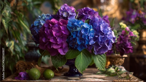 Hydrangea bouquet displays colorful flowers, tabletop setting, interior shot