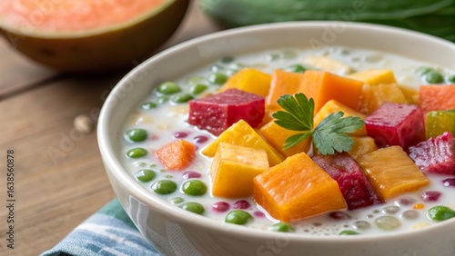 Close-up of colorful bubur cha cha ingredients arranged beautifully with vibrant fruits and vegetables
