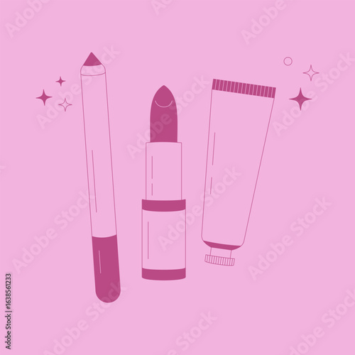Vector illustration of makeup items on pink background. Lip pencil, lipstick, and cream tube in minimal flat style, perfect for beauty and cosmetics design.