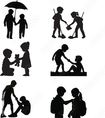 Silhouettes of children engaged in various activities showcasing friendship and helping each other
