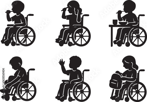 Diverse children in wheelchairs engaging in various daily activities and hobbies