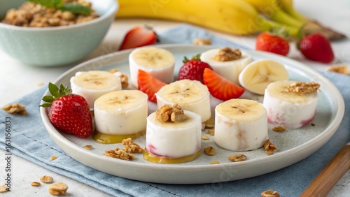 Frozen banana yogurt bites with strawberries and granola on a plate ready to enjoy for a healthy snack