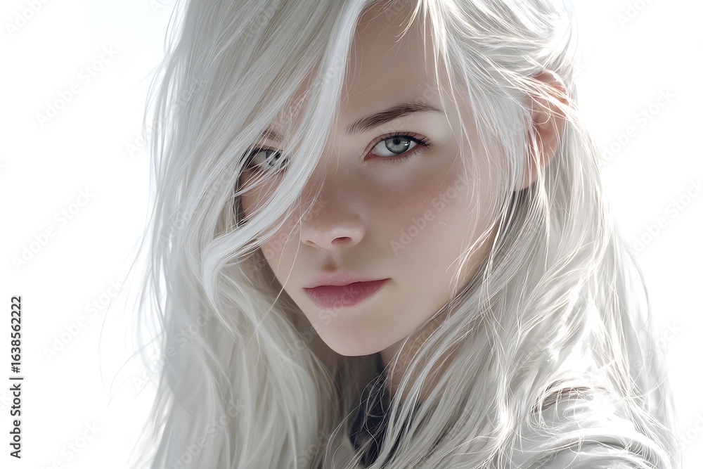 Fototapeta premium Captivating young woman with flowing white hair and striking blue eyes, exuding ethereal beauty and serene confidence in soft natural light