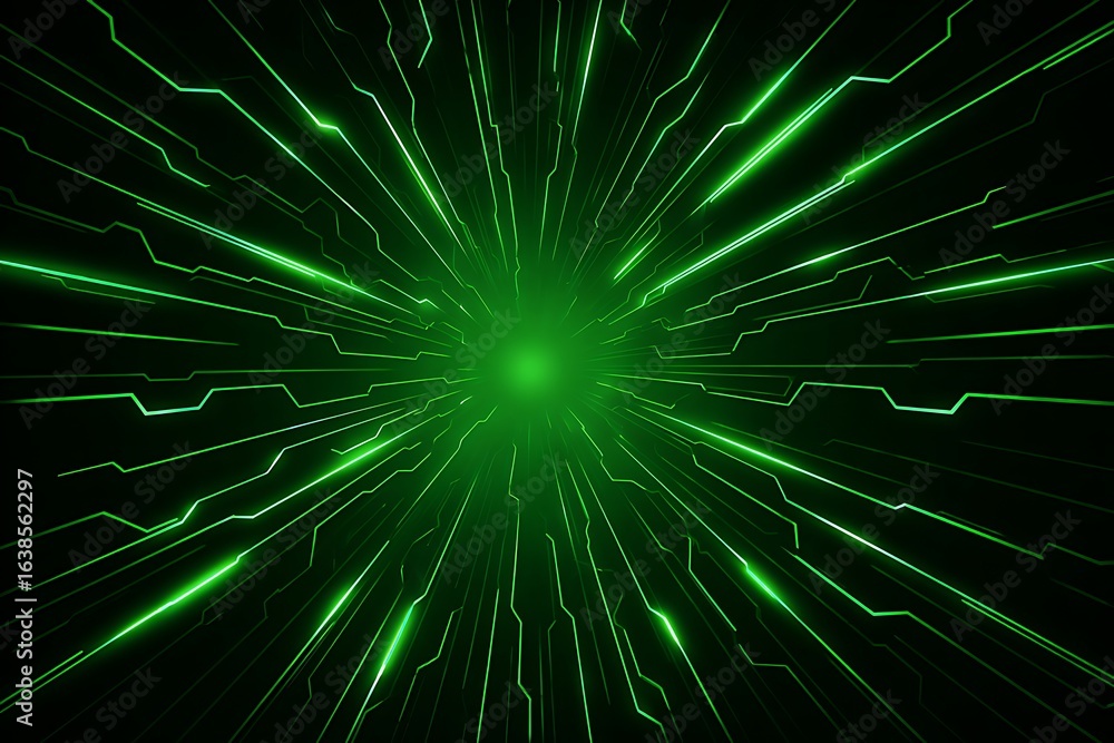 Fototapeta premium Dynamic green digital data tunnel effect with glowing lines, representing futuristic technology, speed, and information flow in a modern network.