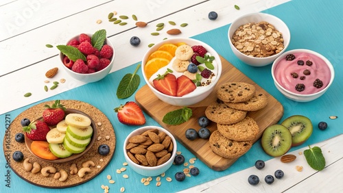 Healthy dessert snacks featuring fruits, yogurt, nuts, and cookies on a bright table setting