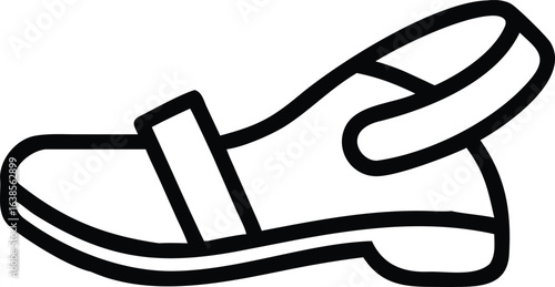 Black outline of a single sandal with strap and heel on white background shoe footwear