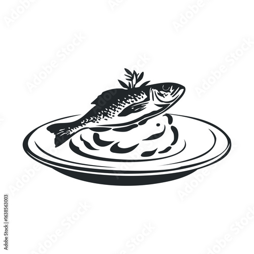 Grilled fish on mashed potatoes garnished with herb on plate illustration