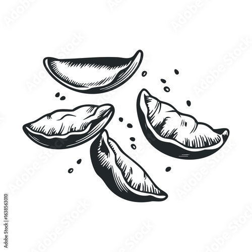 Hand-drawn dumplings and sesame seeds illustration in black and white