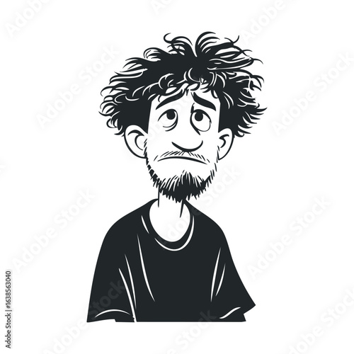 Cartoon of disheveled young caucasian male with scruffy beard and messy hair