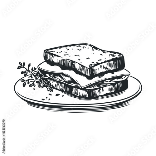 Hand-drawn sandwich on plate with herb garnish in black and white illustration