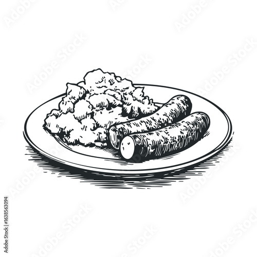 Black and white illustration of sausages with mashed potatoes on plate