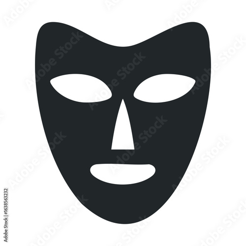 Abstract black theater mask with eye, nose, and mouth cutouts on white background