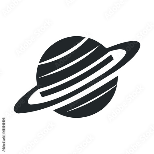 Black and white icon of saturn with rings and moons