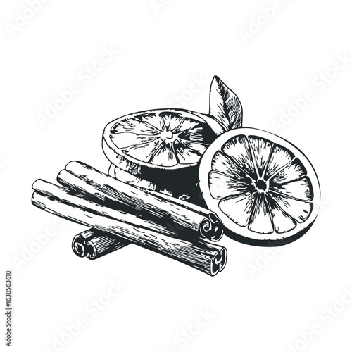 Vintage sketch of citrus slices and cinnamon sticks in black and white
