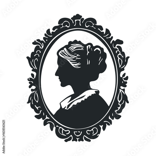 Elegant silhouette of mature caucasian female in ornate vintage cameo frame