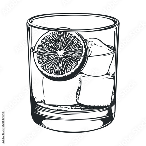 Illustration of a glass of whiskey with ice cubes and a lemon slice