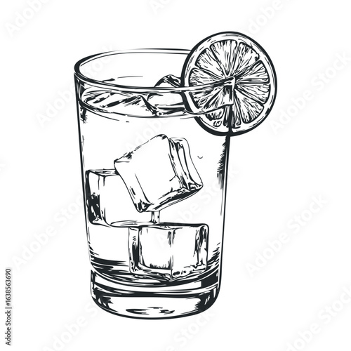 Glass of refreshing lemon water with ice cubes and citrusy slice