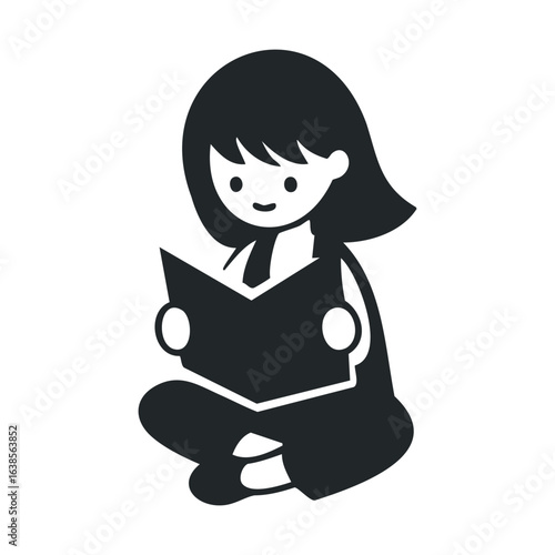 Young female child reading book cartoon illustration on white background