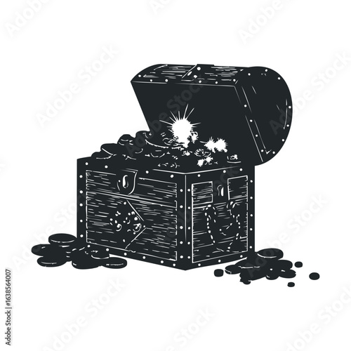 Vintage treasure chest brimming with gold coins and gems