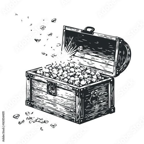 Vintage treasure chest overflowing with gems in detailed sketch illustration