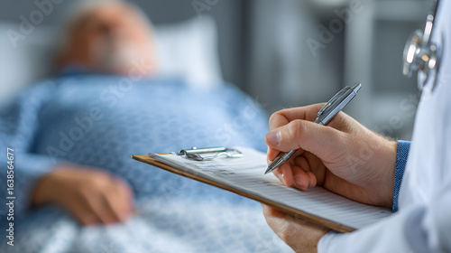 Doctor recording diagnosis of obese patient in hospital bed