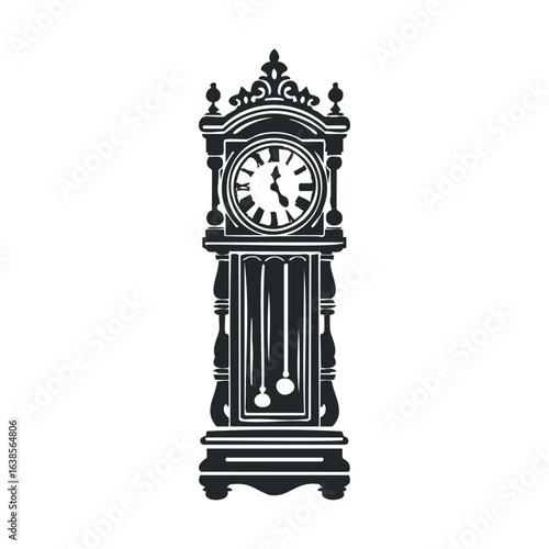 Vintage grandfather clock illustration with roman numerals and pendulum design