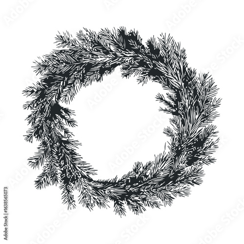 Monochrome evergreen wreath illustration with pine branches in circular shape