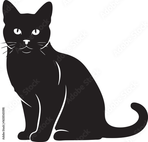 Black cat sitting and looking forward silhouette