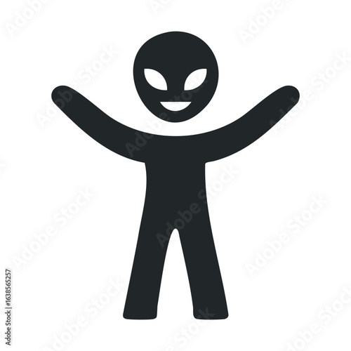 Simple black and white alien icon with smiling face and open arms