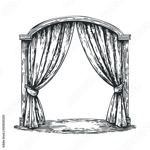 Vintage theater curtain archway: elegant black and white stage design