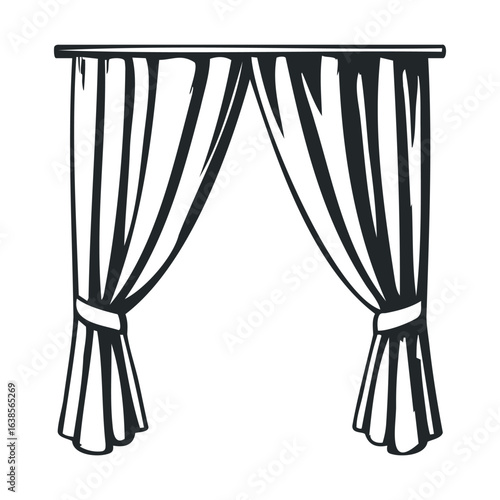 Classic draped curtains on rod sketch with decorative tied back design