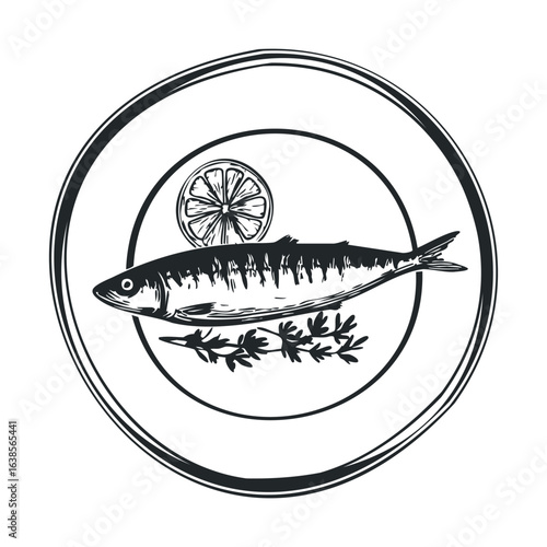 Monochrome illustration of fish with lemon and herbs on plate