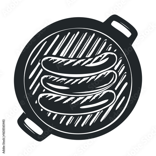 Grilled sausages on round barbecue grill with handle illustration