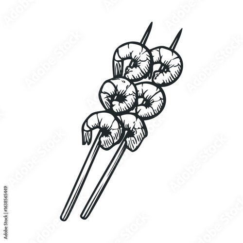 Black and white shrimp skewers illustration: grilled seafood art with two skewers