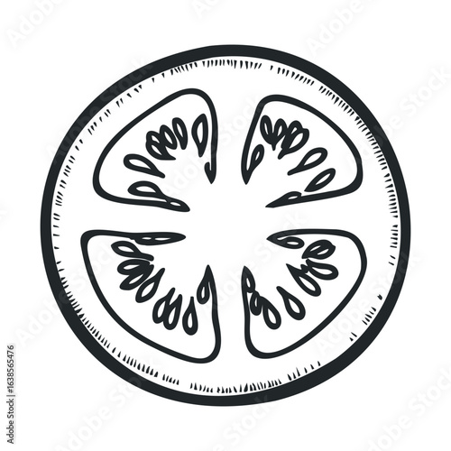 Black and white tomato slice illustration with detailed seeds and texture
