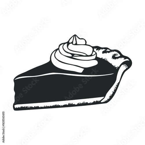 Black and white slice of pie with cream topping illustration