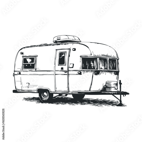 Vintage caravan sketch black and white illustration of travel trailer