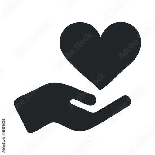 Black and white heart in hand icon symbolizing help and care