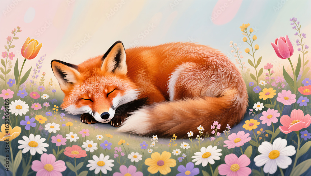 Fototapeta premium Sleepy fox nestled among blooming flowers in a tranquil garden