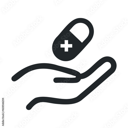 Hand holding a medical capsule icon with health symbol