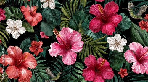 Lush tropical pattern of colorful hibiscus flowers and foliage