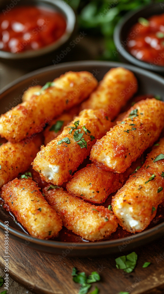 Golden crispy mozzarella sticks perfectly fried, dipped into rich, tangy marinara sauce. A delicious appetizer showcasing gooey cheese, crunchy coating, and vibrant tomato flavors. Caption space on si Golden crispy mozzarella sticks perfectly fried, dipped into rich, tangy marinara sauce. A delicious appetizer showcasing gooey cheese, crunchy coating, and vibrant tomato flavors. Caption space on si
