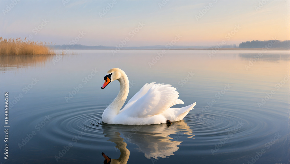 Fototapeta premium Elegant swan gliding gracefully across serene morning waters