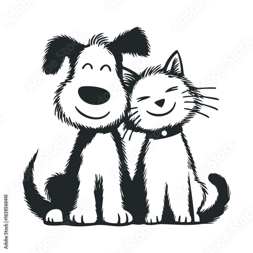 Playful cartoon dog and cat hugging and smiling happily together